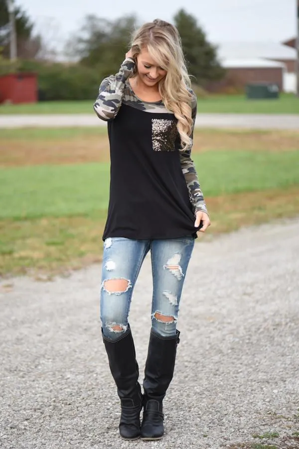 Camo Sparkle Pocket Top ~ Black