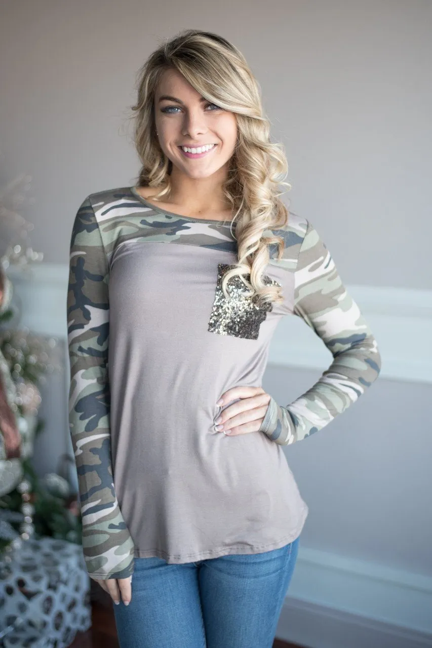 Camo Sparkle Top ~ Mocha