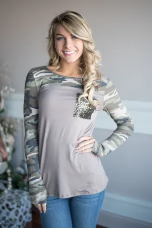 Camo Sparkle Top ~ Mocha