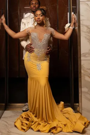 Cap sleeves Silver Beaded Gold Mermaid Long Prom Dresses