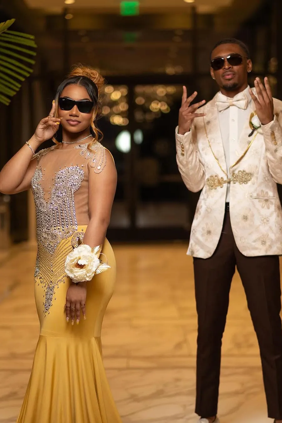 Cap sleeves Silver Beaded Gold Mermaid Long Prom Dresses