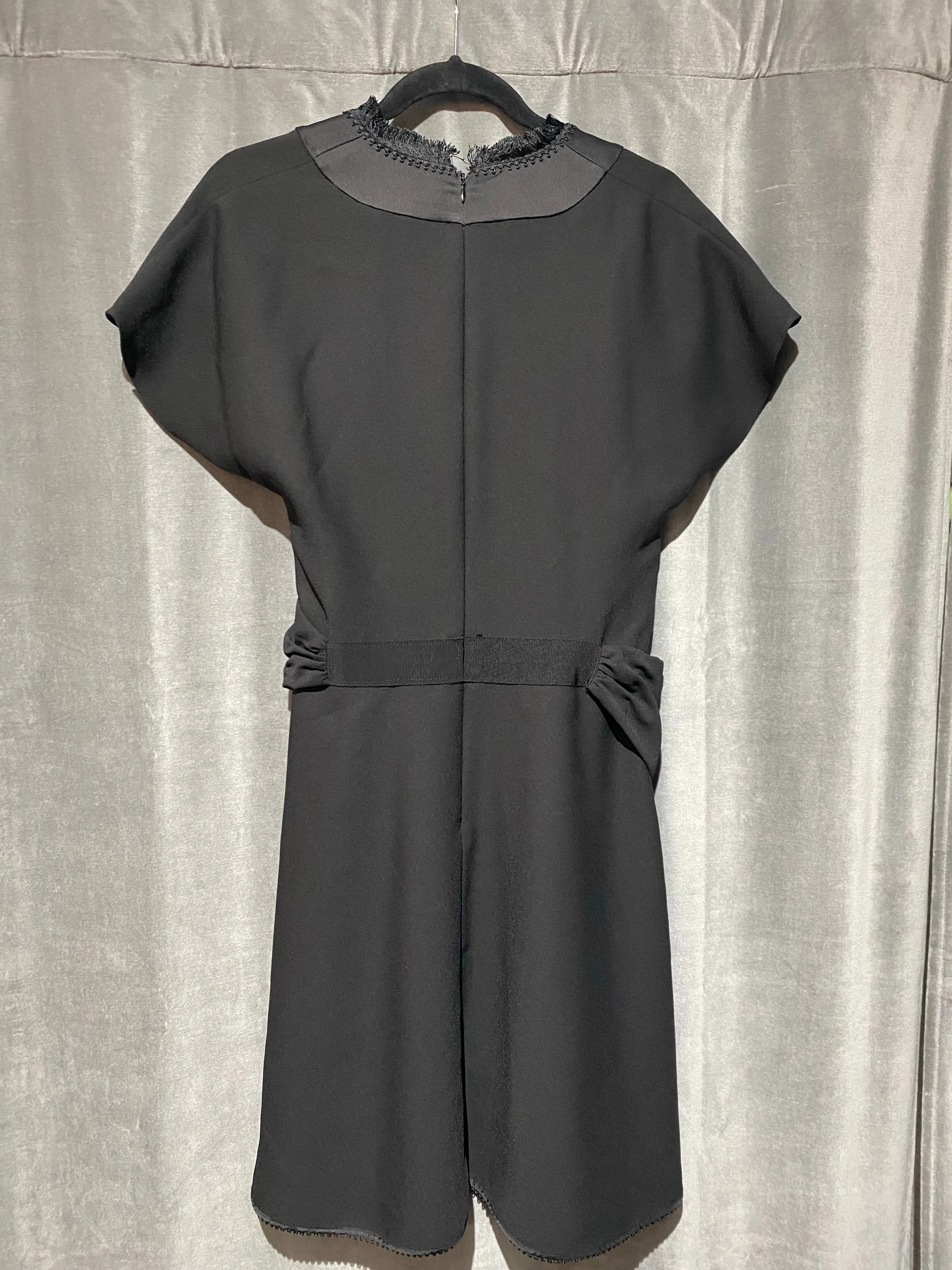 Carven Black Short Sleeve Dress with Fringe Trim V Neck