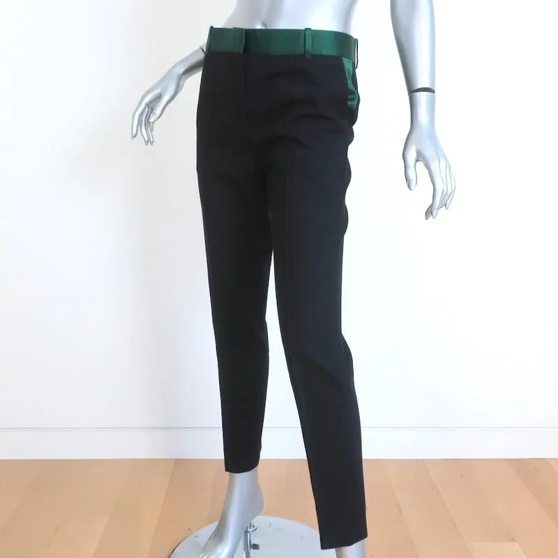 Celine Tuxedo Pants Green Satin-Trim Black Wool Size 36