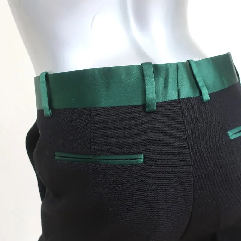 Celine Tuxedo Pants Green Satin-Trim Black Wool Size 36