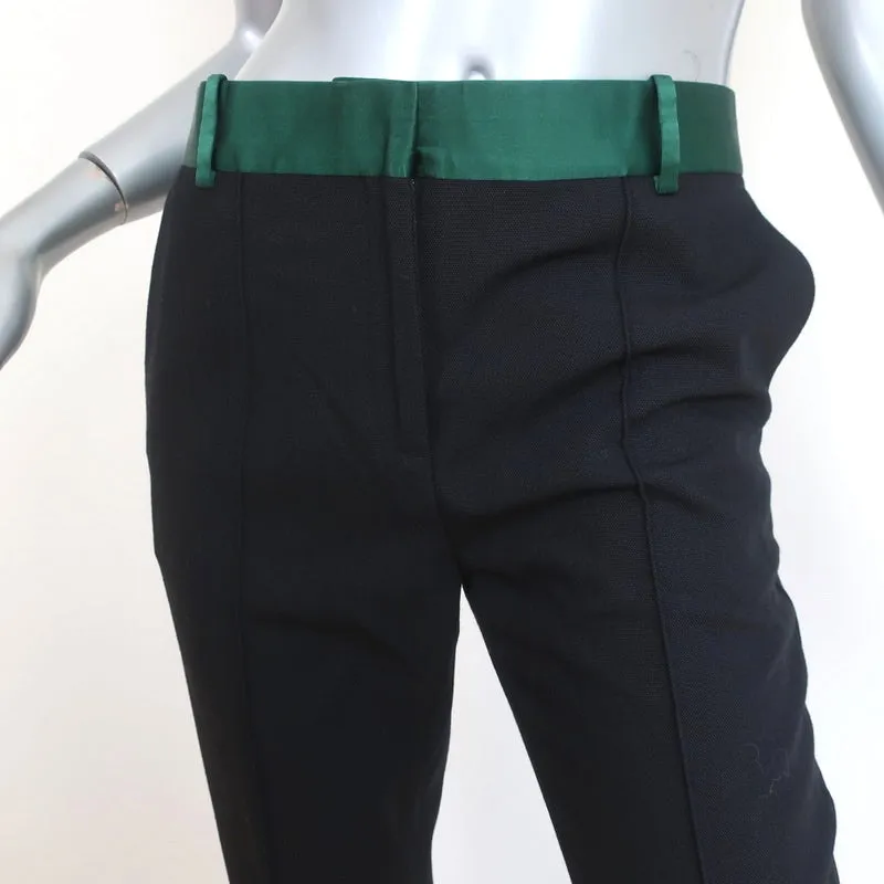 Celine Tuxedo Pants Green Satin-Trim Black Wool Size 36