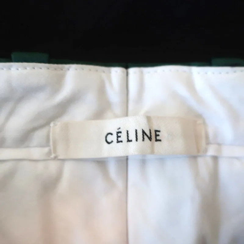 Celine Tuxedo Pants Green Satin-Trim Black Wool Size 36