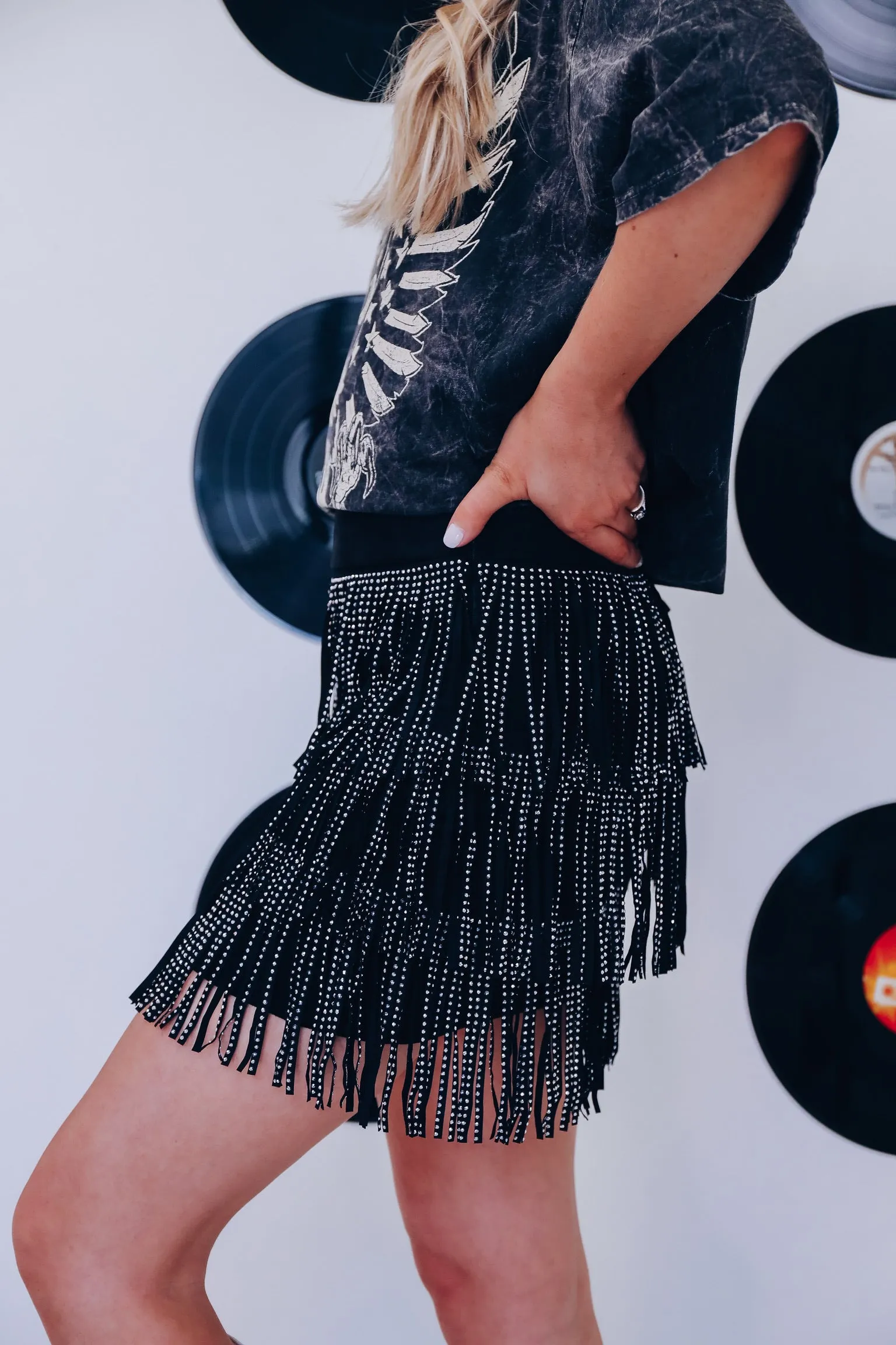 Chainette Rhinestone Fringe Mini Skirt - Black
