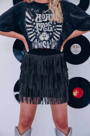 Chainette Rhinestone Fringe Mini Skirt - Black