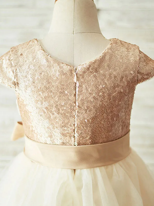 Champagne Jewel Neck Short Sleeves Sash Kids Party Dresses