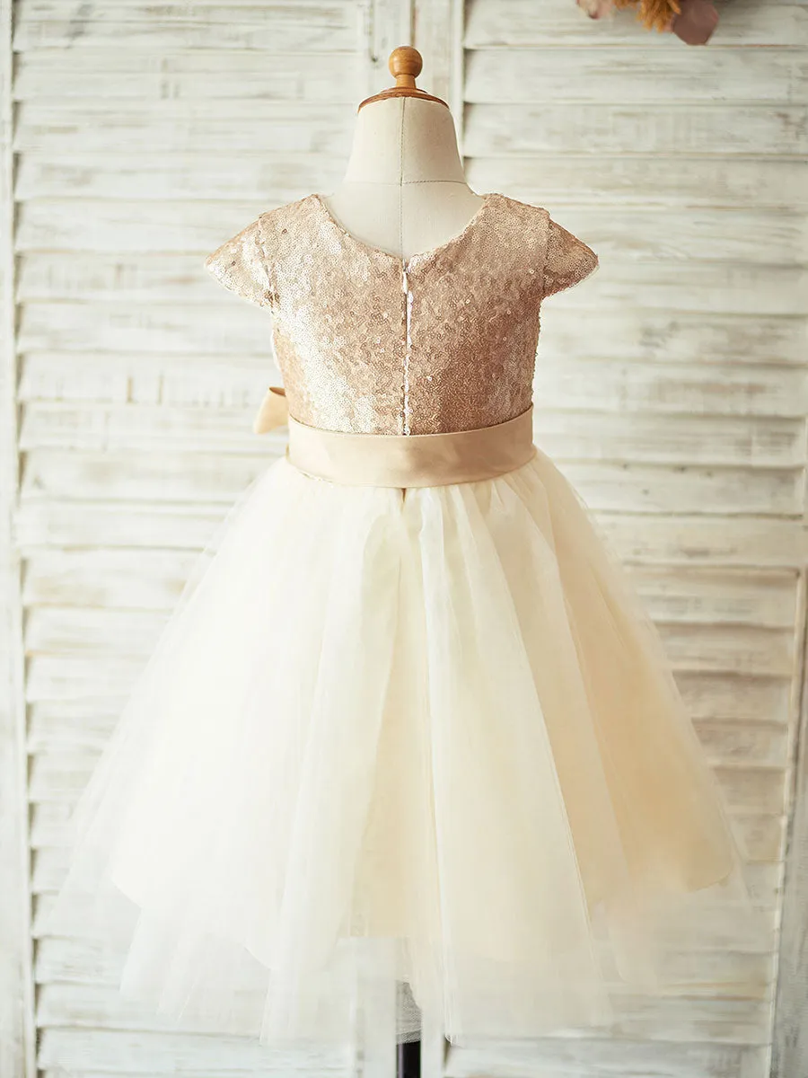 Champagne Jewel Neck Short Sleeves Sash Kids Party Dresses