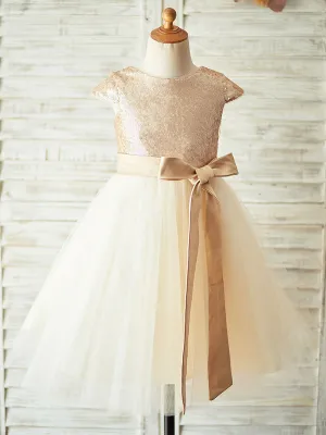 Champagne Jewel Neck Short Sleeves Sash Kids Party Dresses