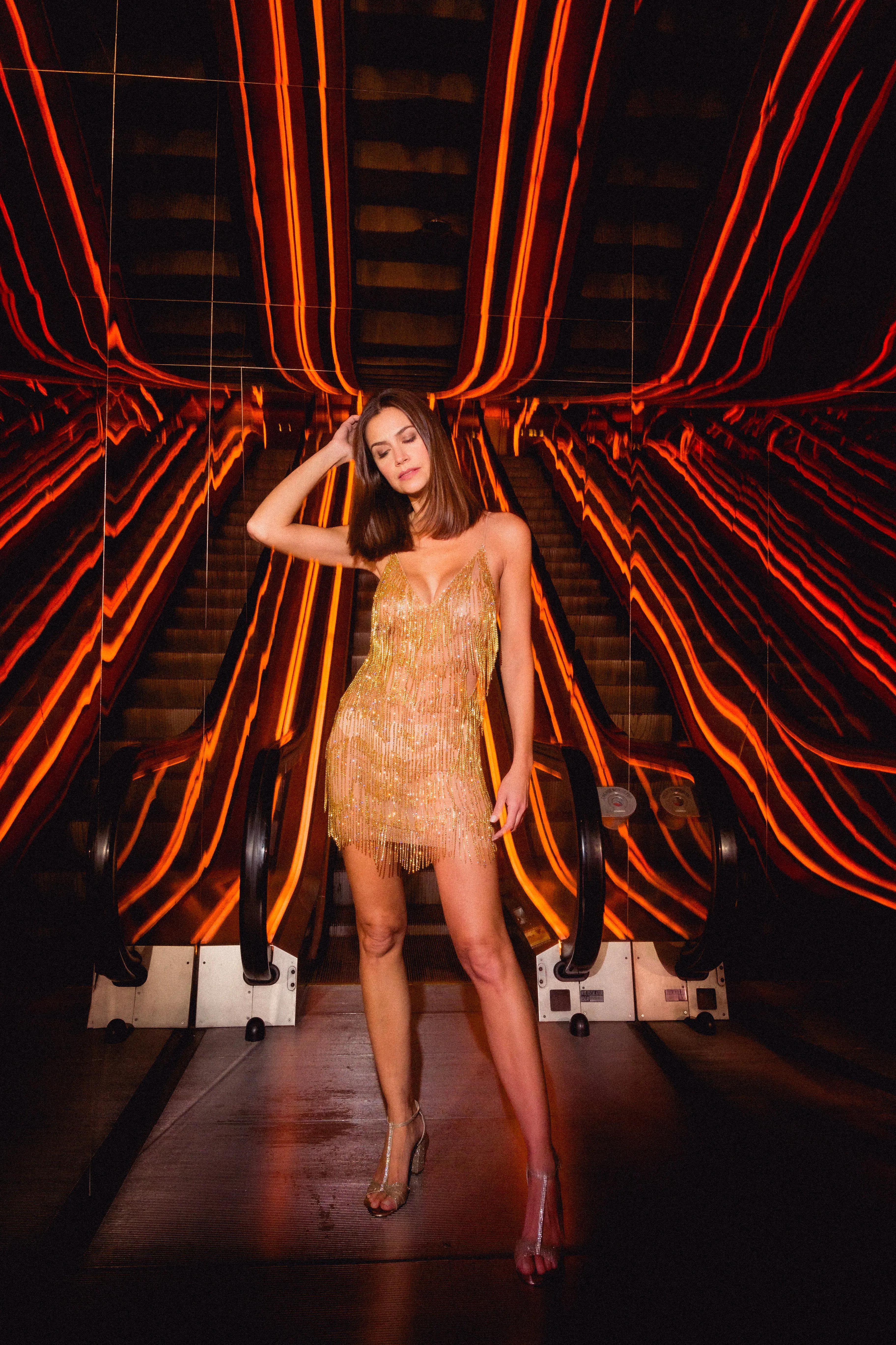 Champagne Supernova Mesh Spandex Gold Fringed Dress