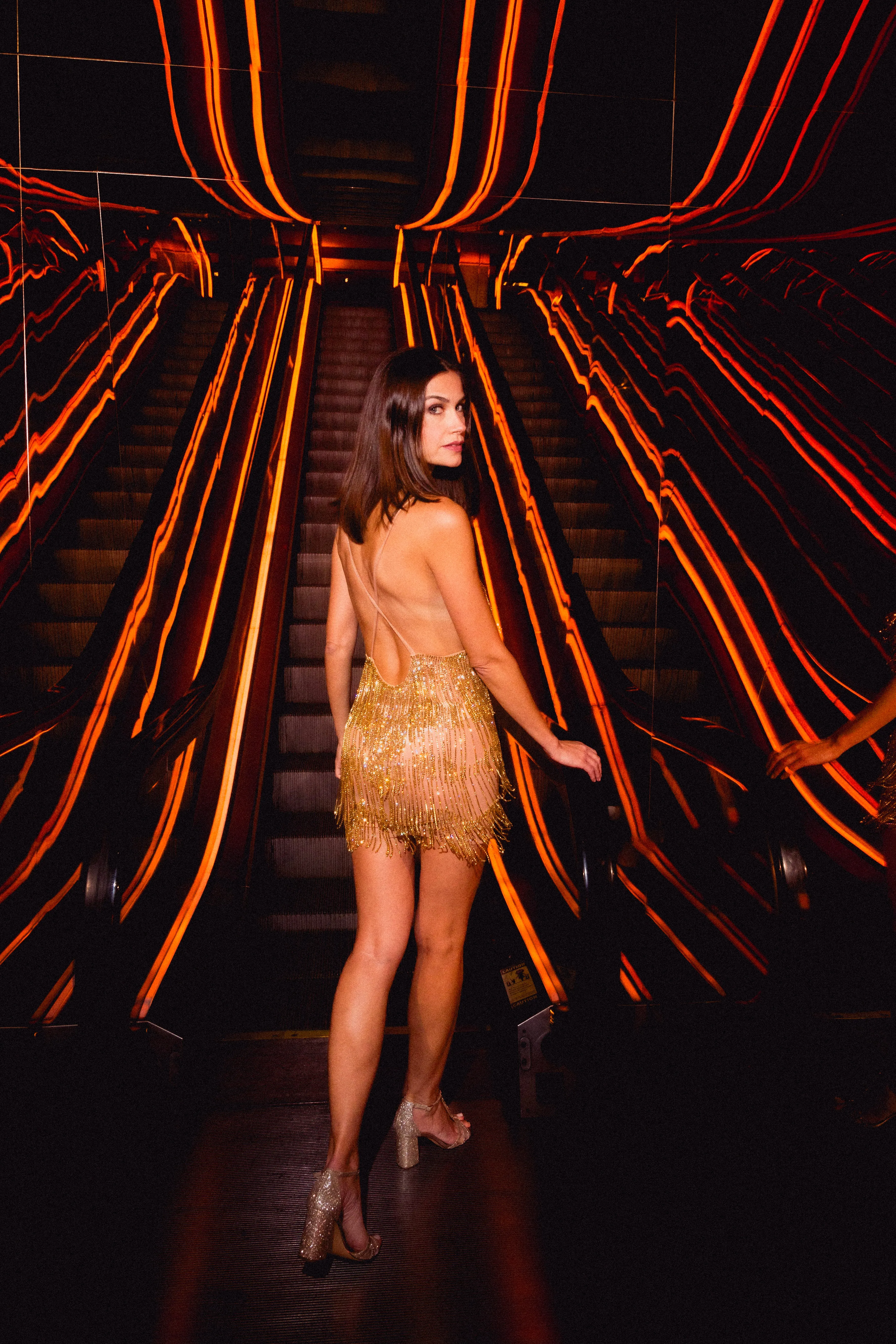 Champagne Supernova Mesh Spandex Gold Fringed Dress