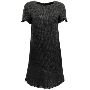 Chanel Black Tweed Dress with Piping and Fringe