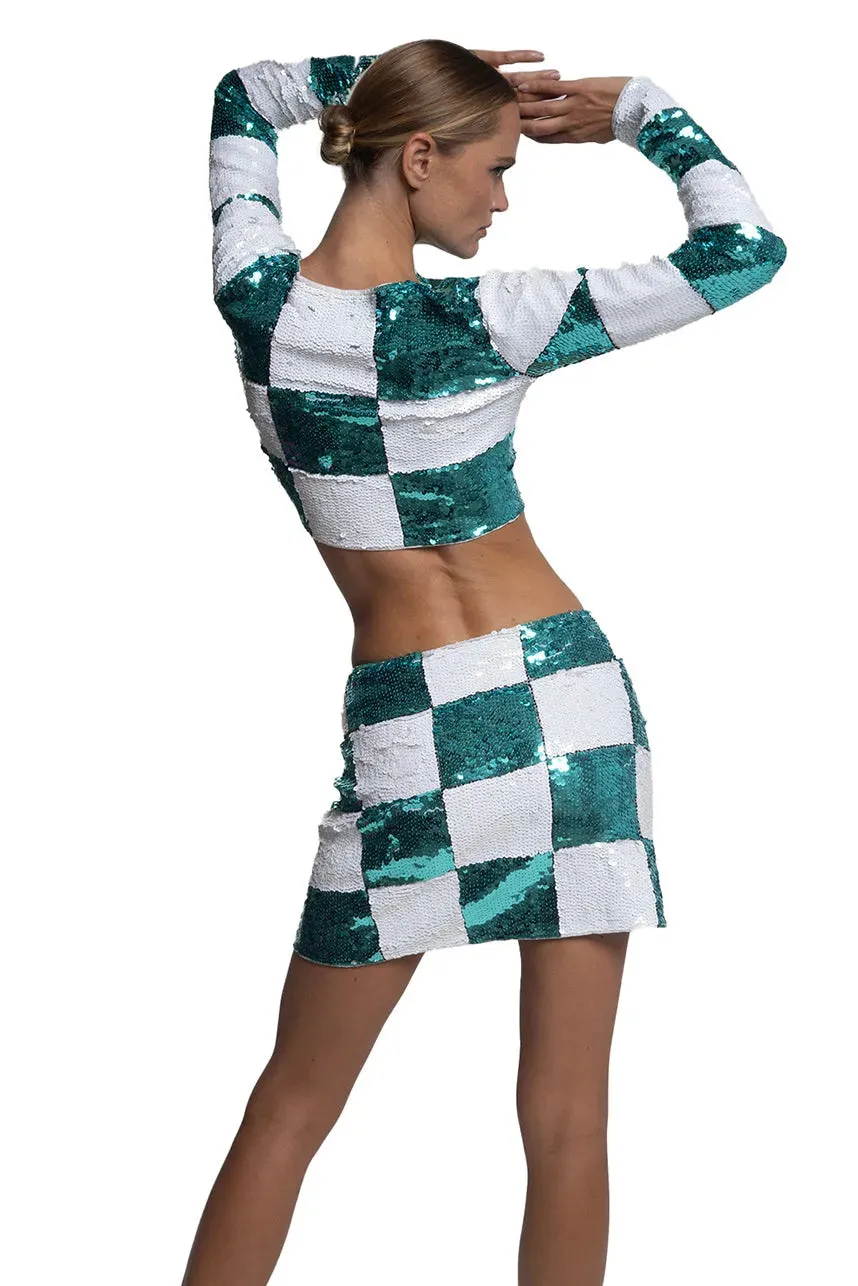 Checkered Sequin Crop Top in Turquoise and White