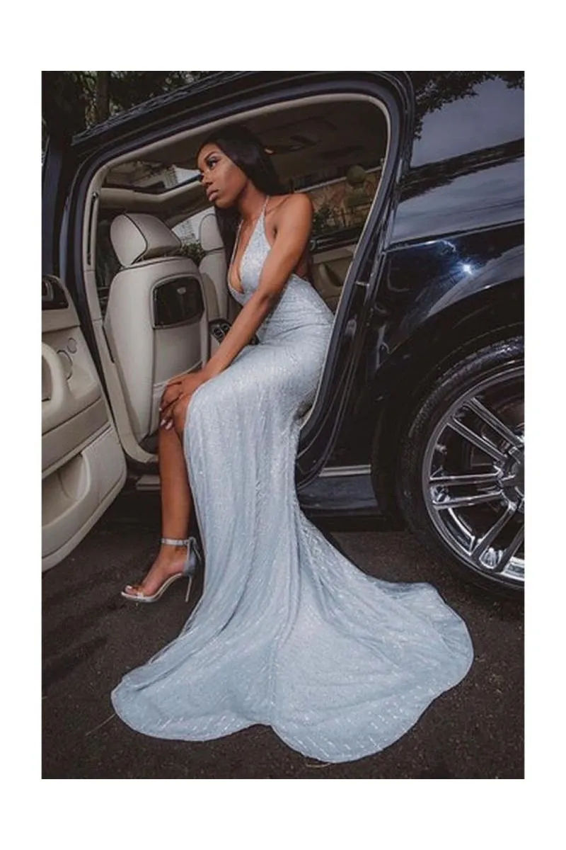 Chic Halter V-neck Sequins Front Slit Long Mermaid Prom Dresses