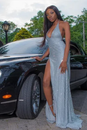 Chic Halter V-neck Sequins Front Slit Long Mermaid Prom Dresses