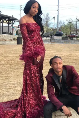 Chic Off-the-shoulder Burgundy Shining Sequined Long Prom Party Gowns with Fur