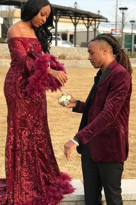 Chic Off-the-shoulder Burgundy Shining Sequined Long Prom Party Gowns with Fur