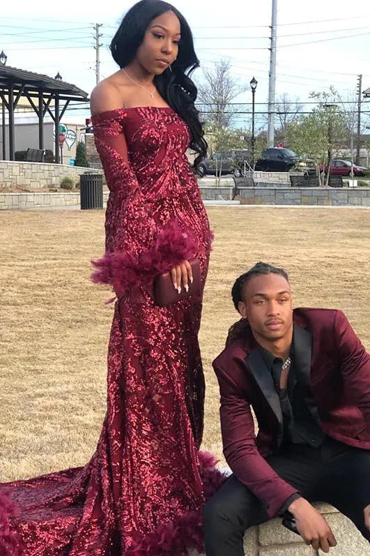 Chic Off-the-shoulder Burgundy Shining Sequined Long Prom Party Gowns with Fur
