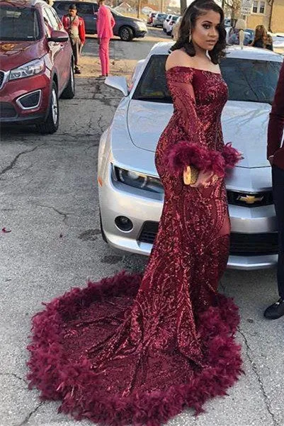 Chic Off-the-shoulder Burgundy Shining Sequined Long Prom Party Gowns with Fur