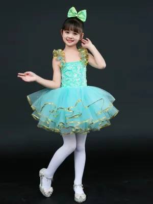 Children Pink Green Sequin Jazz Dance Dress Tutu Skirts Ballet Dress Toddler Pianist Princess Choir Performance Costumes