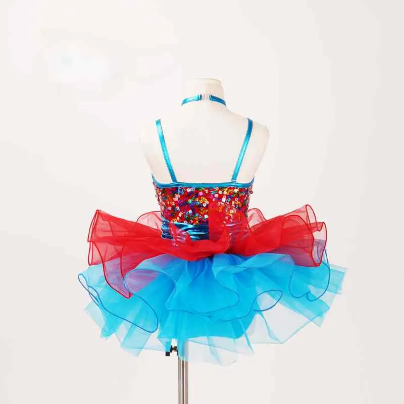 Children toddlers Blue red sequins ballet dance dress tutu skirt sparkle jazz performance costumes festival catwalks singing outfits for kids