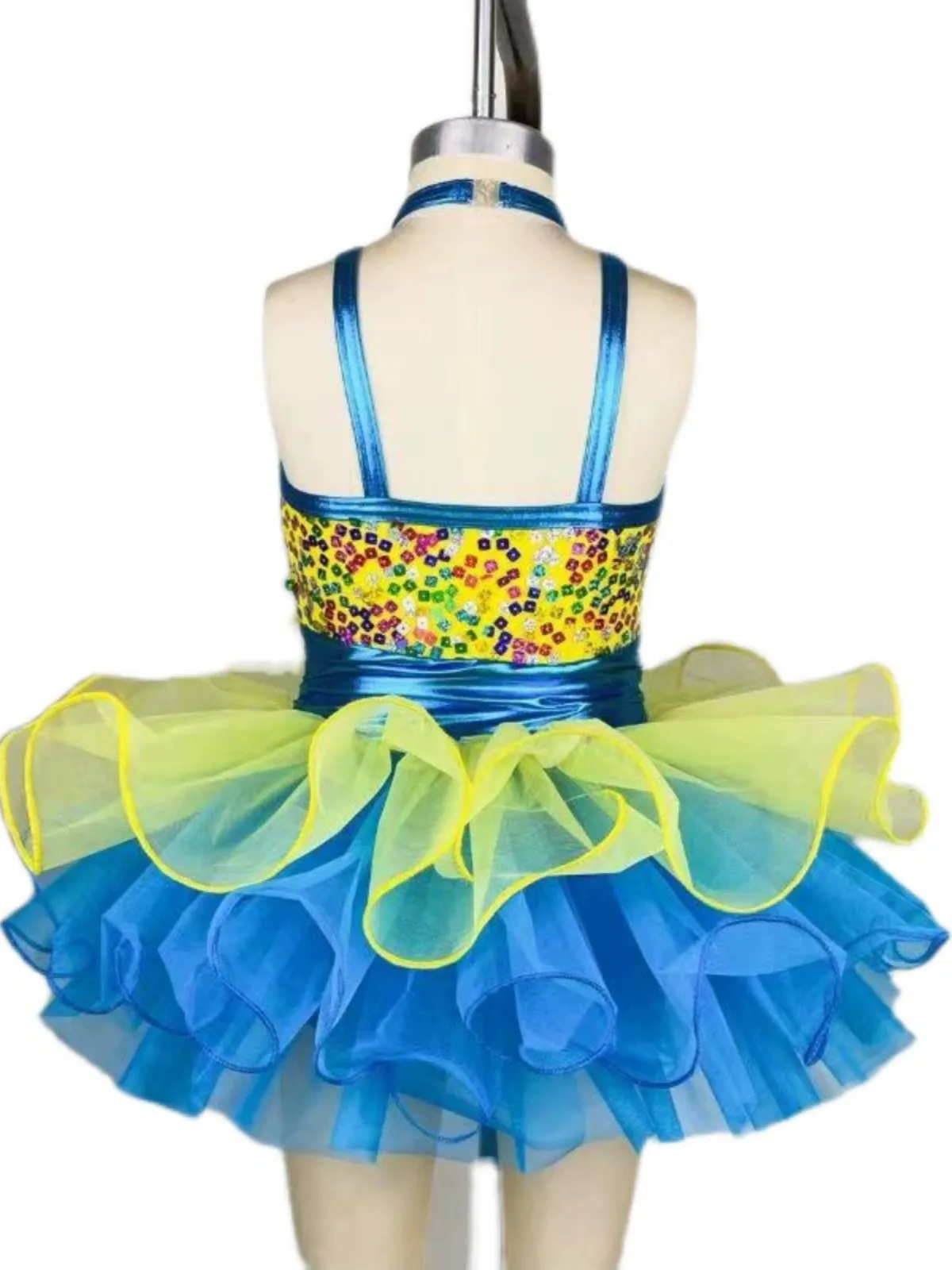 Children toddlers Blue red sequins ballet dance dress tutu skirt sparkle jazz performance costumes festival catwalks singing outfits for kids