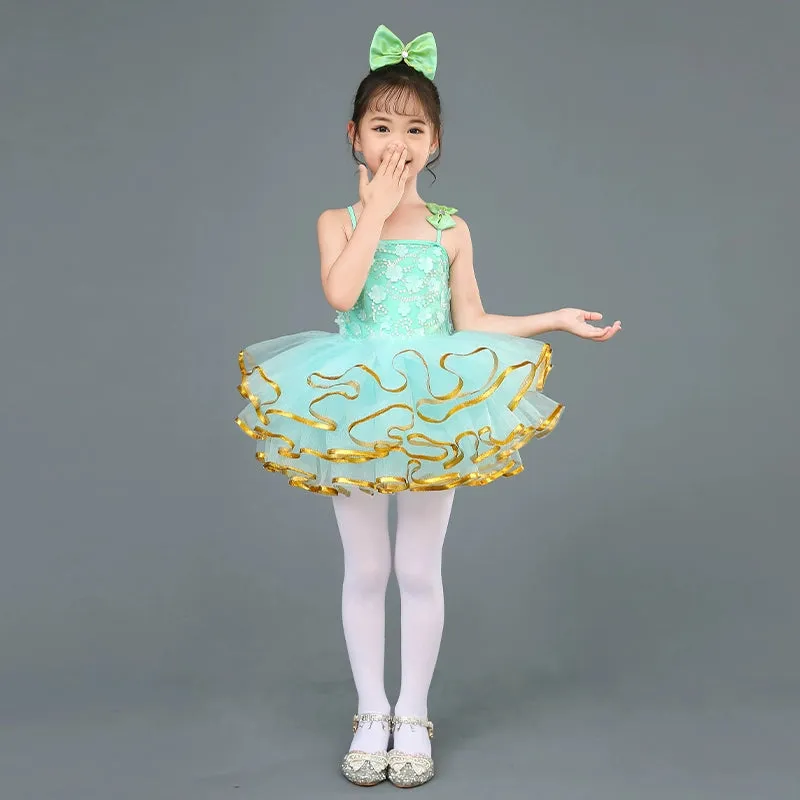 Children's Green Flowers Jazz Dance Dresses Ballet Tutu Skirts Birthday Party Ball Gown Girls Fancy Princess Dress for Kids