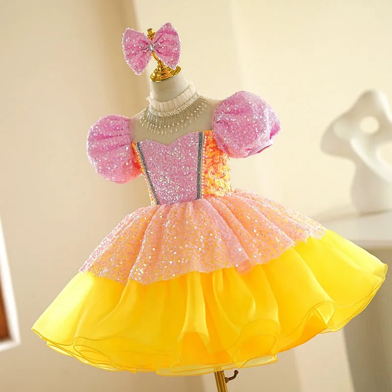 Children's pink yellow sequin jazz dance dress girls tutu ballet dresses singers choir kindergarten pianist model show performance skirts for kids