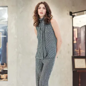 Clara Sunwoo Silver Pinstripe Shimmer Sequin Mock Neck Tie Top