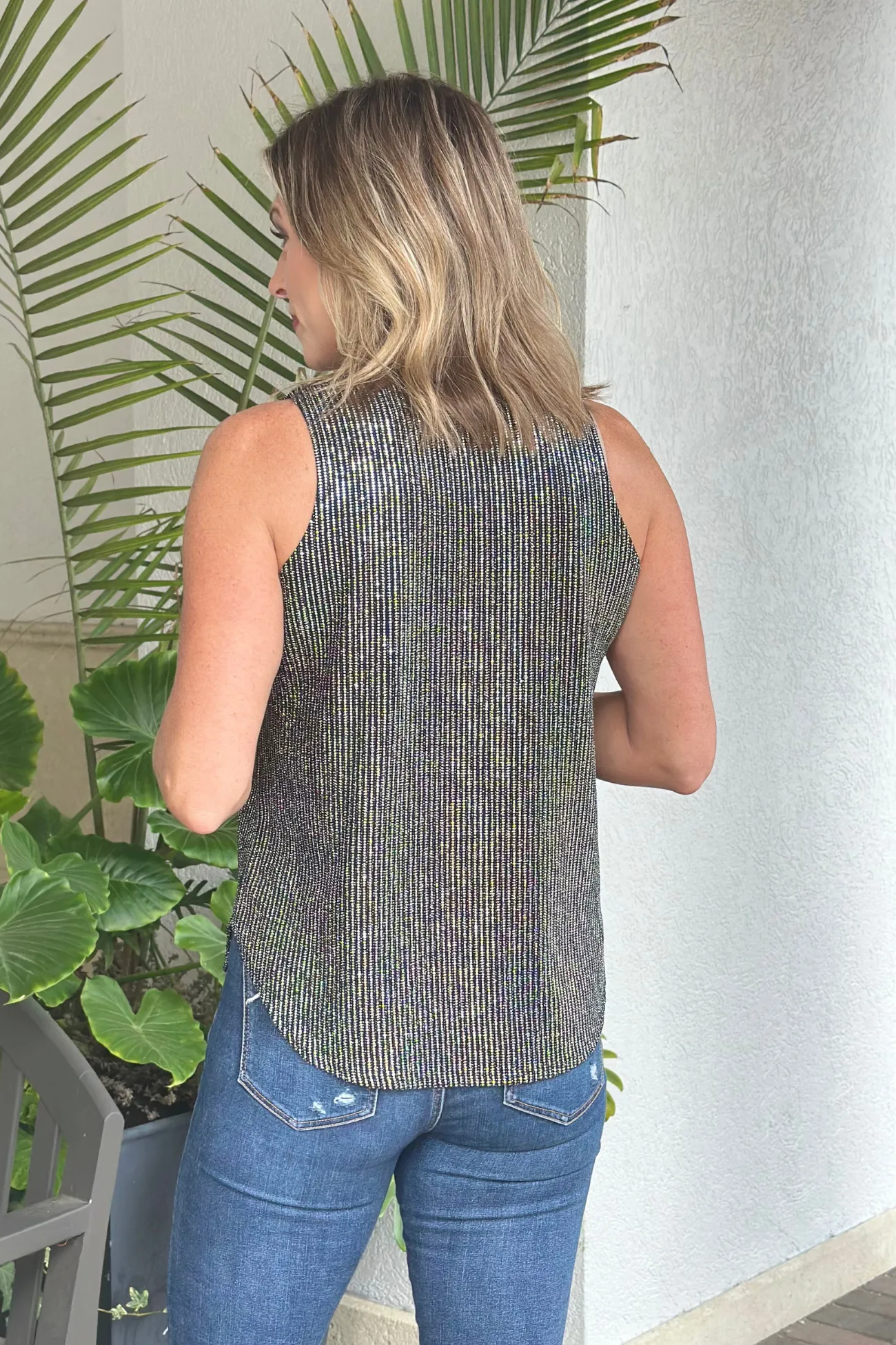 Clara Sunwoo Silver Pinstripe Shimmer Sequin Mock Neck Tie Top
