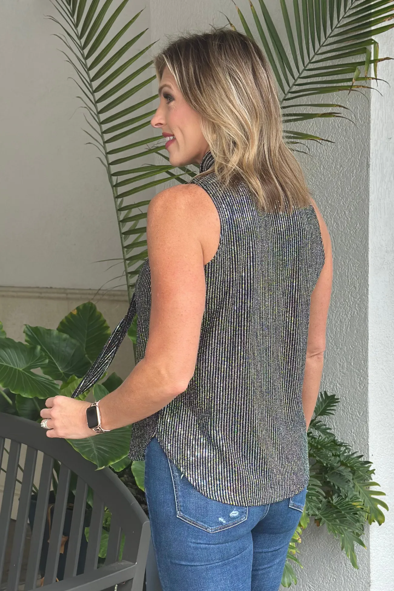 Clara Sunwoo Silver Pinstripe Shimmer Sequin Mock Neck Tie Top