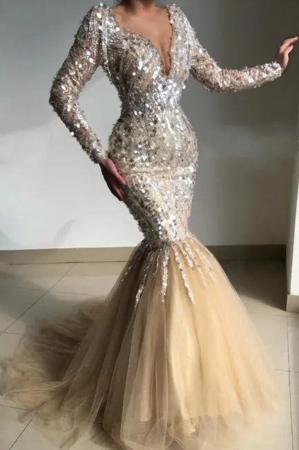 Classy V-Neck Long-Sleeve Mermaid Evening Dresses With Sequins
