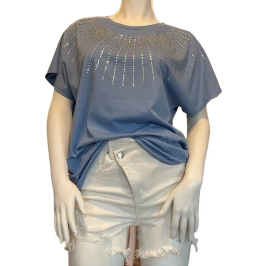 Cornflower blue rhinestone short sleeve top
