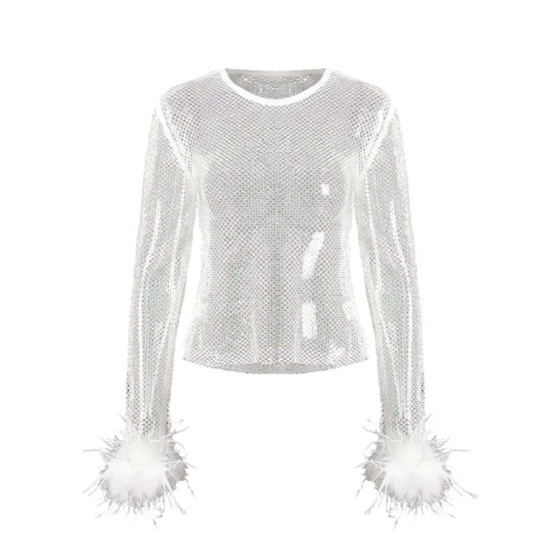Crew Neck Feather Cuff Rhinestone Tee