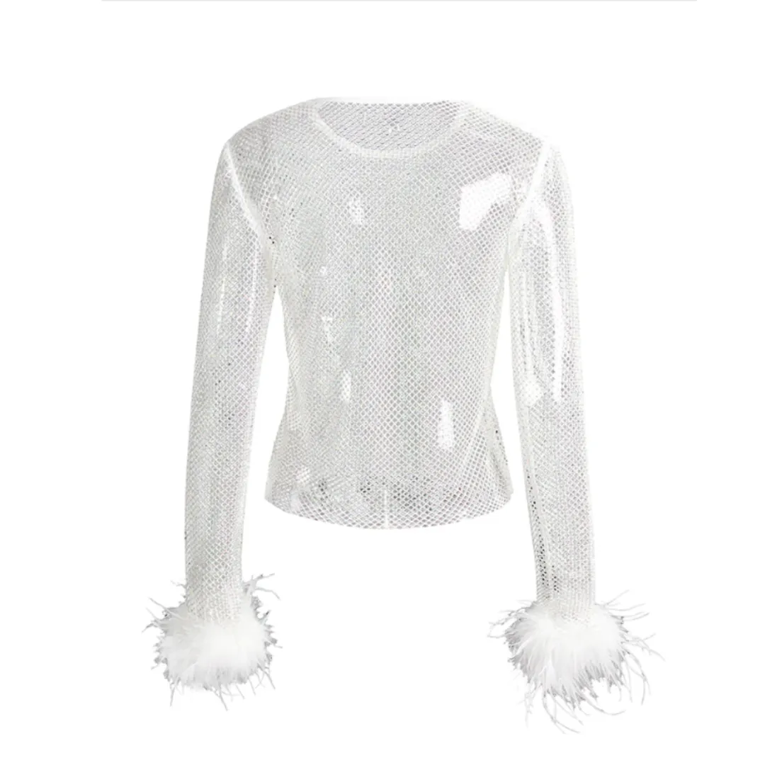 Crew Neck Feather Cuff Rhinestone Tee