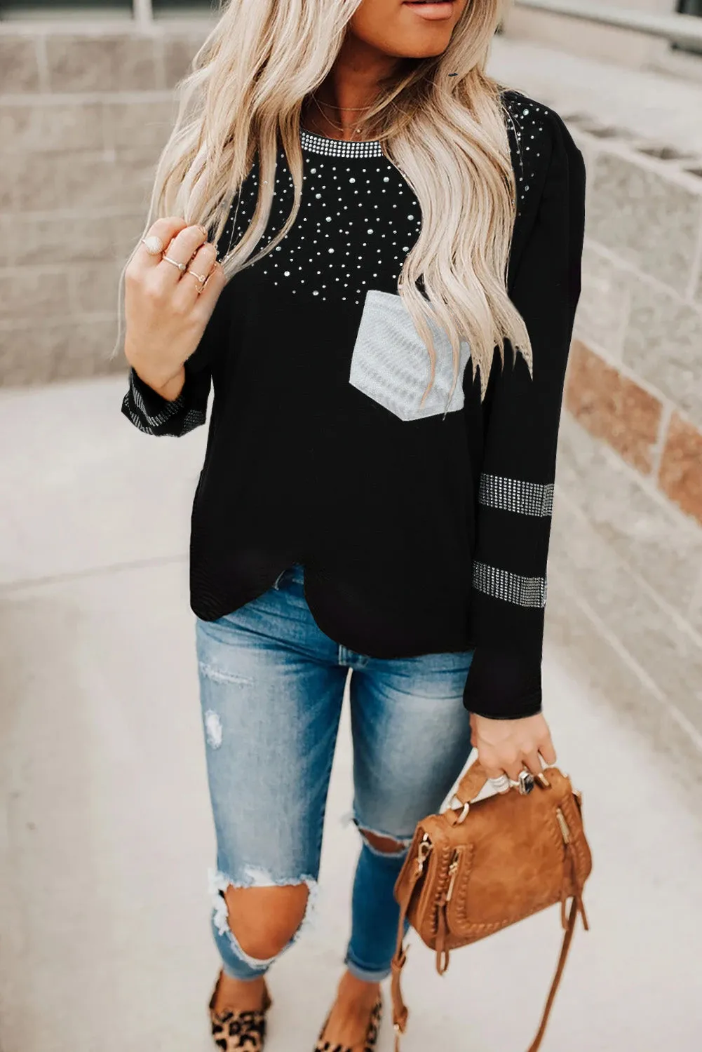 Crew Neck Rhinestone Pocket Long Sleeve Top