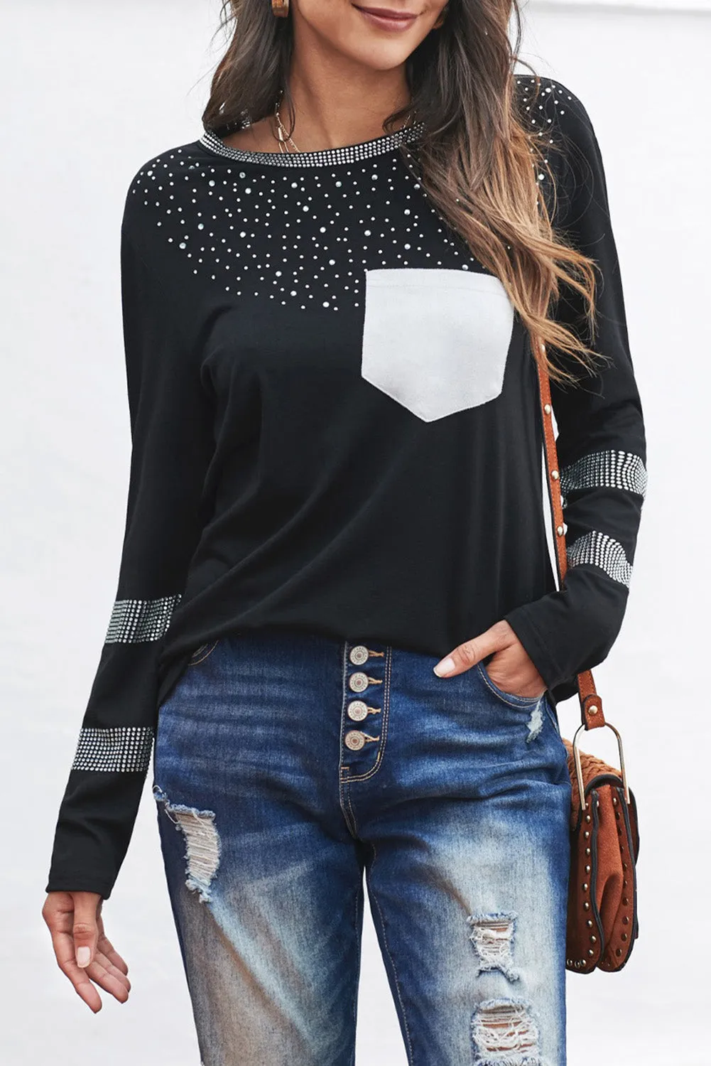 Crew Neck Rhinestone Pocket Long Sleeve Top