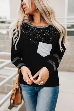 Crew Neck Rhinestone Pocket Long Sleeve Top