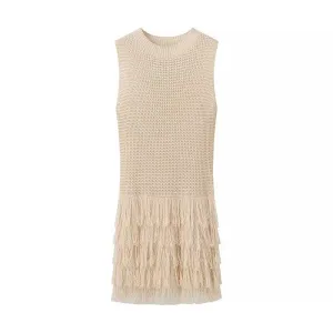 Crewneck Knit Fringe Trim Mini Dress