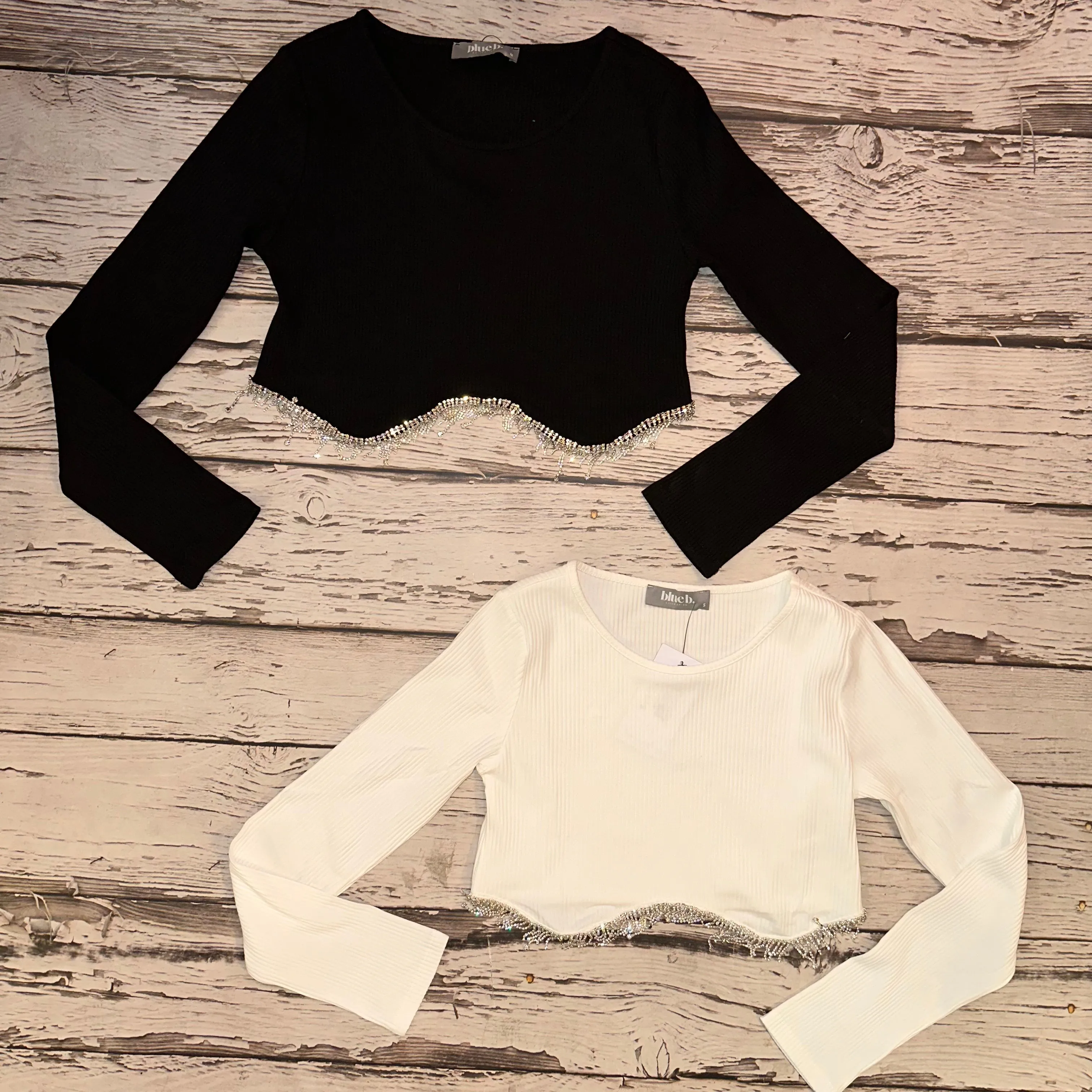 Cropped Rhinestone Fringe Long Sleeve