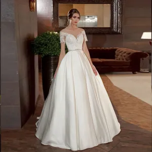Custom Made Short Sleeve France Satin A Line Wedding Dresses Bestidos De Novia Buttons Up Beading Pearls Waist Appliques Gowns