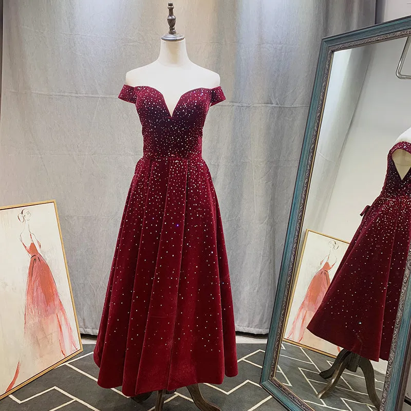 Cute Off Shoulder Velvet Tea Length Beaded Homecoming Dress, Short Prom Dress