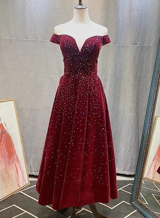 Cute Off Shoulder Velvet Tea Length Beaded Homecoming Dress, Short Prom Dress