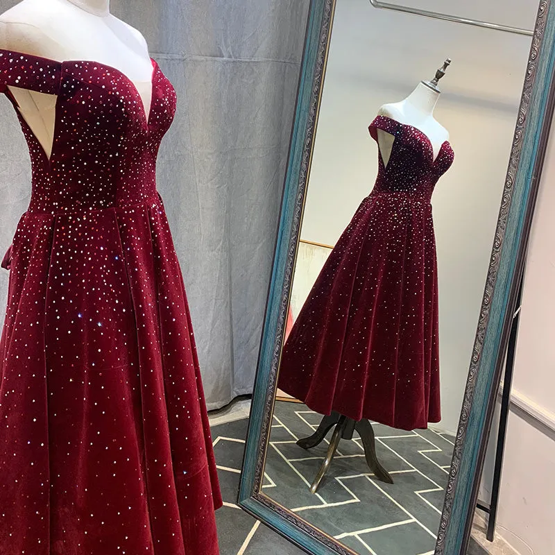 Cute Off Shoulder Velvet Tea Length Beaded Homecoming Dress, Short Prom Dress