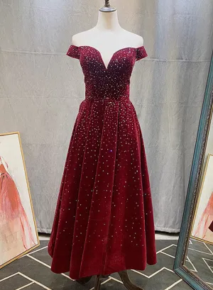 Cute Off Shoulder Velvet Tea Length Beaded Homecoming Dress, Short Prom Dress