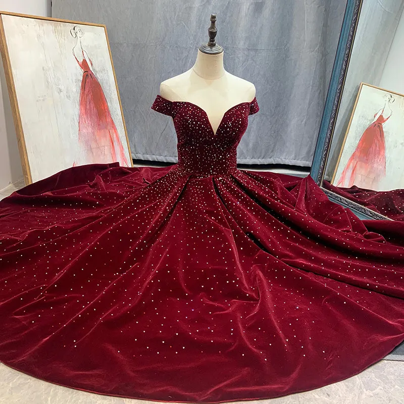 Cute Off Shoulder Velvet Tea Length Beaded Homecoming Dress, Short Prom Dress