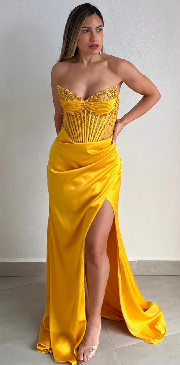 Daisy’s & Glam Corset Yellow Satin Formal Gown