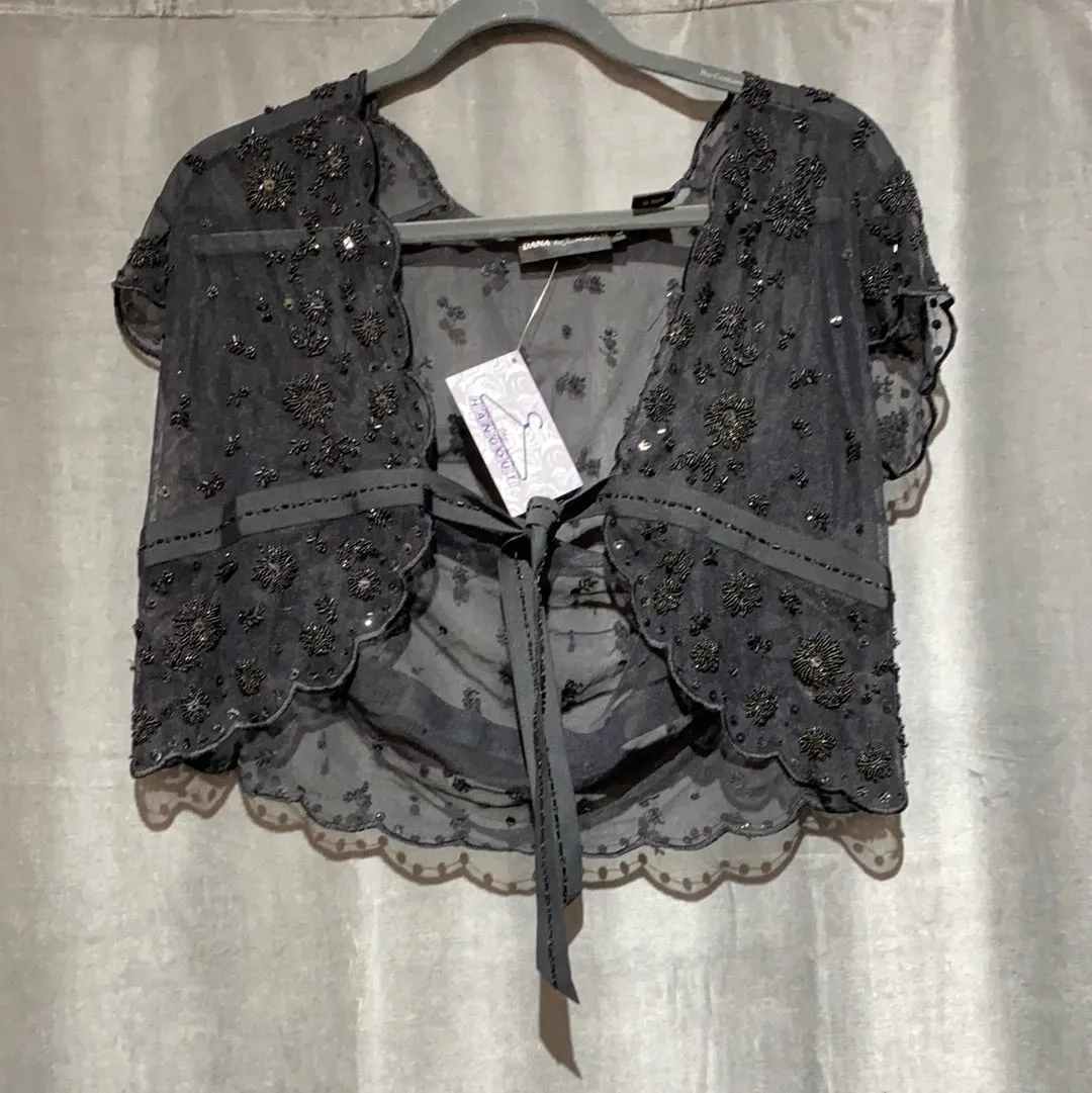 Dana Buchman Black Short Sleeve Mesh, Beaded and Sequin Top